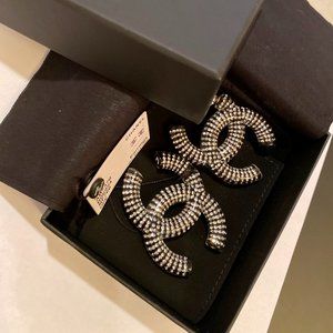 Chanel CC Logo Earrings in Black and Silver Acrylic